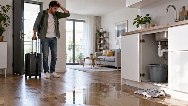 persona con trolley che vede danno da acqua in casa